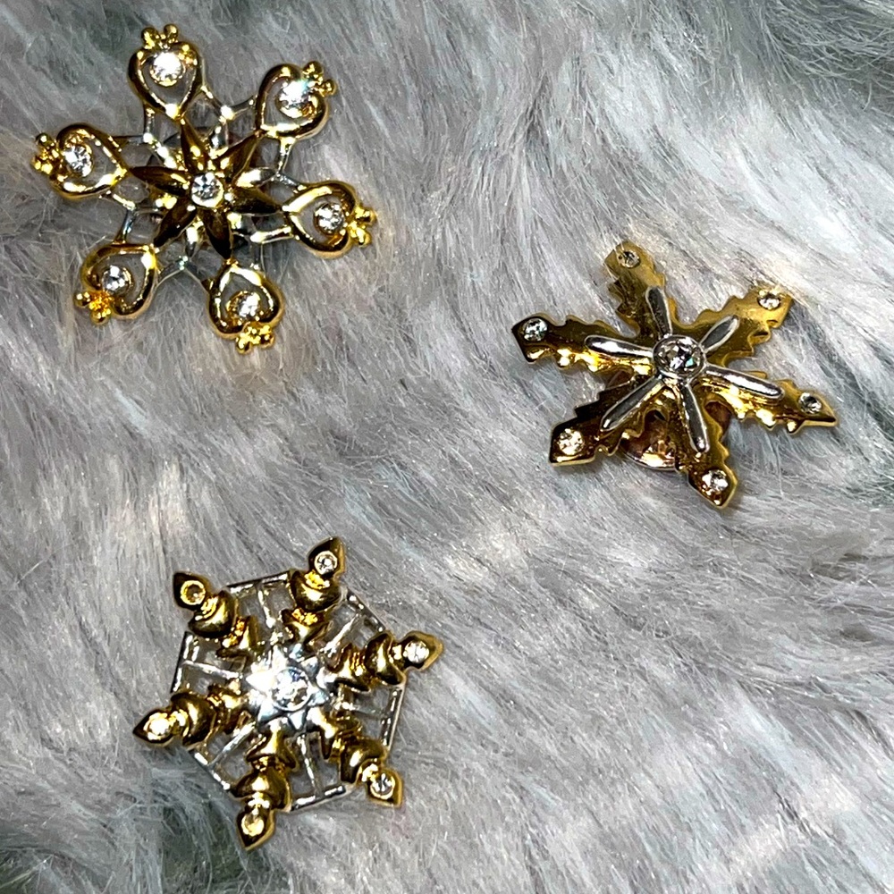 Set of 3 Snowflake Pins/Brooches Silver & Gold w/Crystals